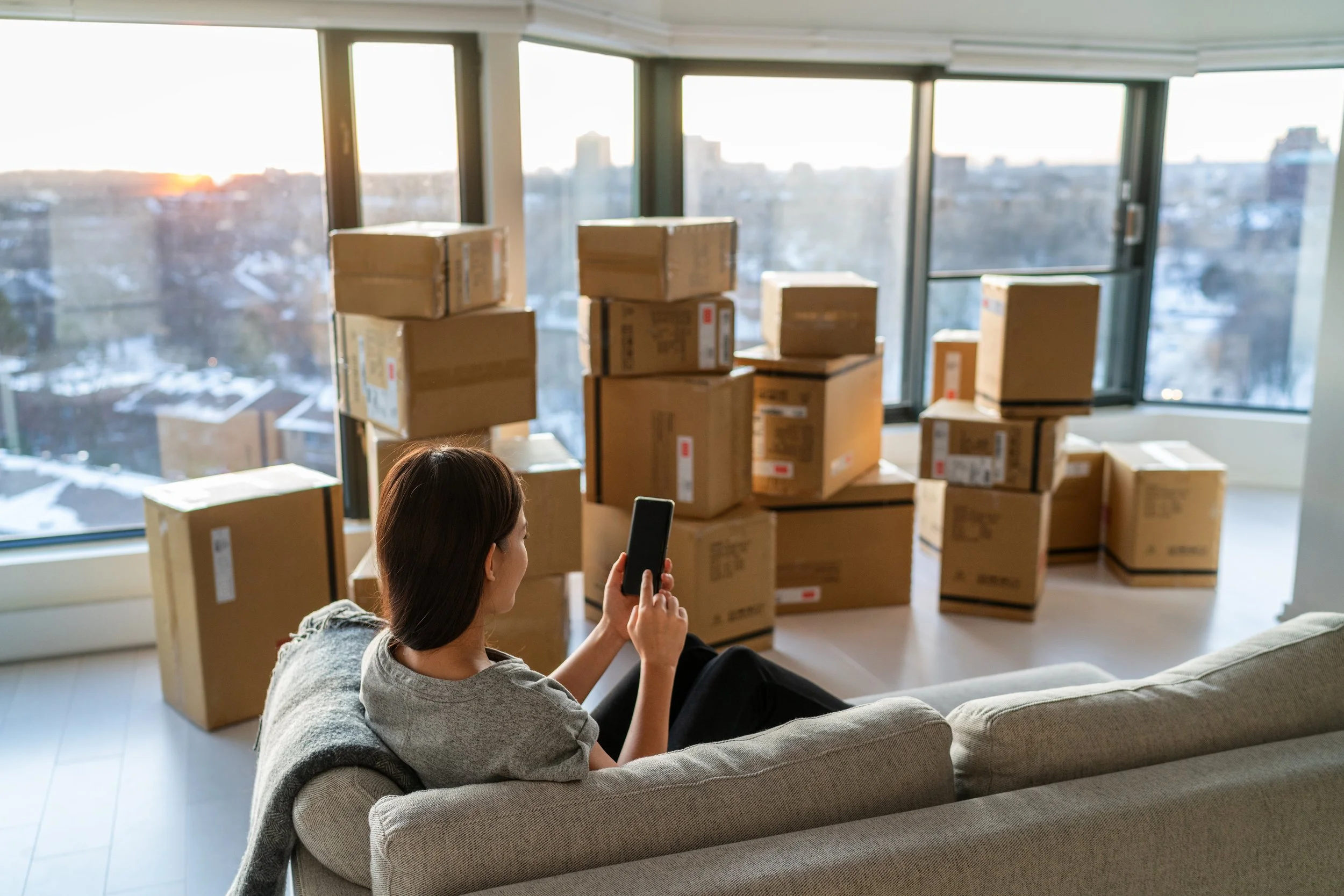 Packed household belongings organized for an apartment relocation